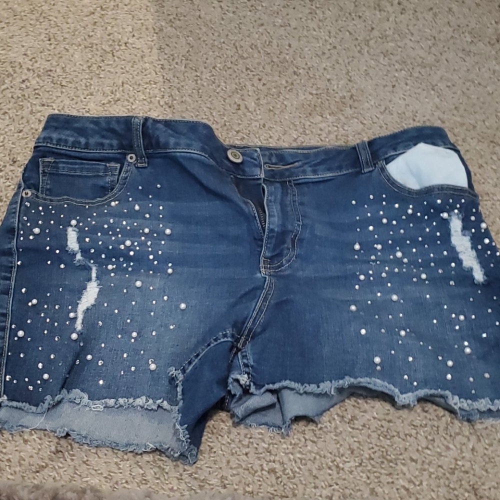 Distressed Jean Shorts with Beading